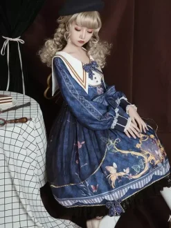 Robe académique Lolita OP bleu manches longues dentelle volante Douce Lolita robe Chic