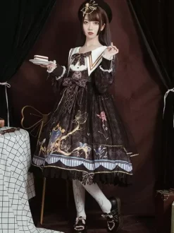 Robe académique Lolita OP bleu manches longues dentelle volante Douce Lolita robe Chic