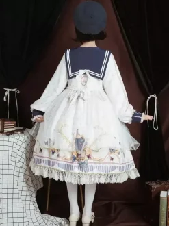 Robe académique Lolita OP bleu manches longues dentelle volante Douce Lolita robe Chic