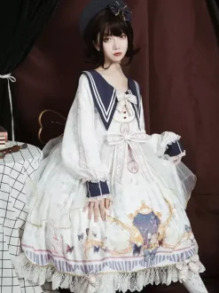 Robe académique Lolita OP bleu manches longues dentelle volante Douce Lolita robe Chic