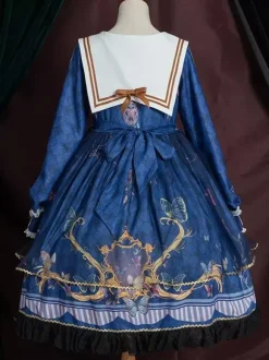 Robe académique Lolita OP bleu manches longues dentelle volante Douce Lolita robe Chic