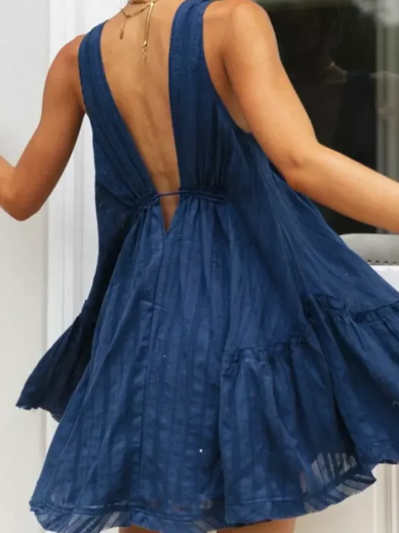 Robe babydoll sans manches en coton pour femme - Robe d'été bohème mini trapèze dos nu col V - Vacances d'été à la plage 2026