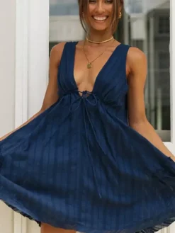 Robe babydoll sans manches en coton pour femme - Robe d'été bohème mini trapèze dos nu col V - Vacances d'été à la plage 2026
