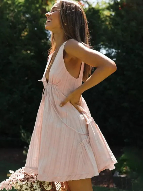 Robe babydoll sans manches en coton pour femme - Robe d'été bohème mini trapèze dos nu col V - Vacances d'été à la plage 2026