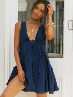 Robe babydoll sans manches en coton pour femme - Robe d'été bohème mini trapèze dos nu col V - Vacances d'été à la plage 2026