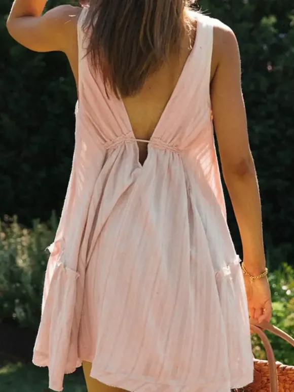Robe babydoll sans manches en coton pour femme - Robe d'été bohème mini trapèze dos nu col V - Vacances d'été à la plage 2026