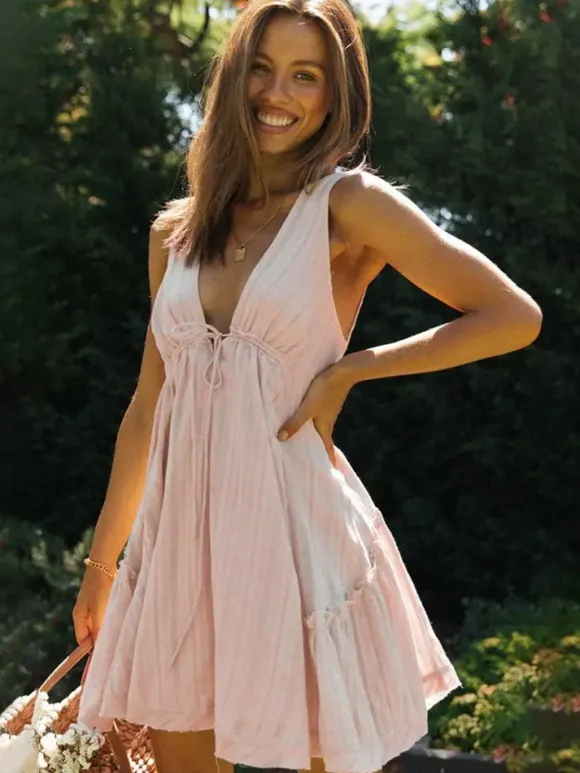 Robe babydoll sans manches en coton pour femme - Robe d'été bohème mini trapèze dos nu col V - Vacances d'été à la plage 2026