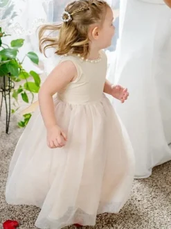 Robe baptême bébé fille champagne tissu de satin col rond jupe en tulle robe fille de cérémonie