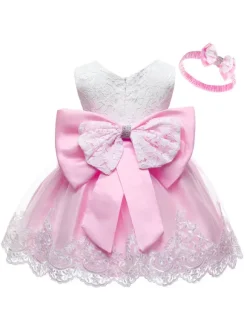 Robe baptême robe cérémonie fille décoré de noeud