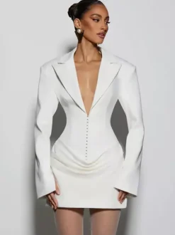 Robe blazer mini moulante à manches longues froncées et revers cranté pour femme 2026