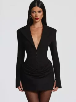 Robe blazer mini moulante à manches longues froncées et revers cranté pour femme 2026