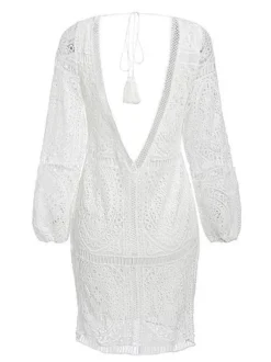 Robe bohème en dentelle blanche pour femme - Robe mini dos nu à manches longues et col en V - Tenue de vacances d'été à la plage 2026