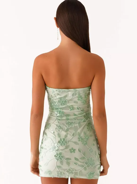 Robe bustier mini à sequins et fleurs pour femme - Robe tube élégante et moulante - Idéale pour une soirée cocktail estivale 2026