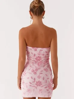 Robe bustier mini à sequins et fleurs pour femme - Robe tube élégante et moulante - Idéale pour une soirée cocktail estivale 2026