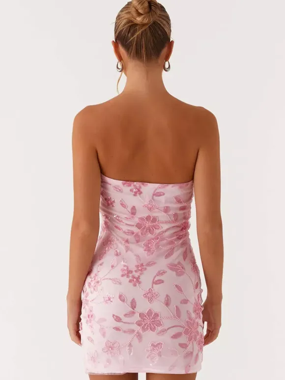 Robe bustier mini à sequins et fleurs pour femme - Robe tube élégante et moulante - Idéale pour une soirée cocktail estivale 2026