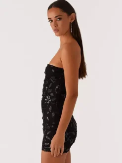 Robe bustier mini à sequins et fleurs pour femme - Robe tube élégante et moulante - Idéale pour une soirée cocktail estivale 2026