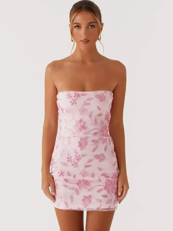 Robe bustier mini à sequins et fleurs pour femme - Robe tube élégante et moulante - Idéale pour une soirée cocktail estivale 2026