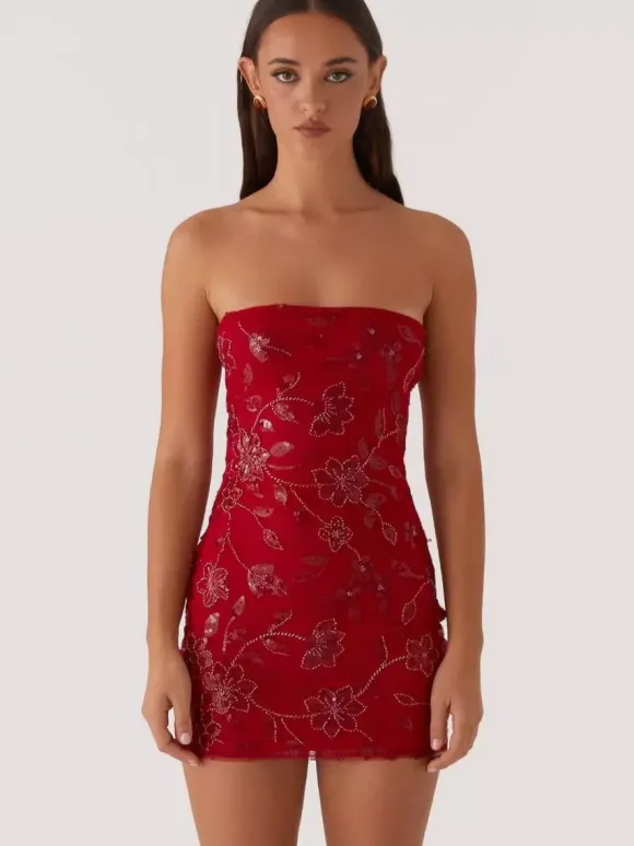 Robe bustier mini à sequins et fleurs pour femme - Robe tube élégante et moulante - Idéale pour une soirée cocktail estivale 2026