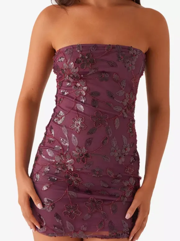 Robe bustier mini à sequins et fleurs pour femme - Robe tube élégante et moulante - Idéale pour une soirée cocktail estivale 2026
