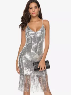 Robe Charleston Robe Année 20 Robe de Soirée Années 1920 robes flapper Great Gatsby femmes frange col en V costumes vintage robe Déguisements Halloween