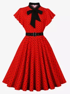 Robe chemise à pois avec ceinture et lien manches flottantes robe mi-longue vintage pour femme 2026