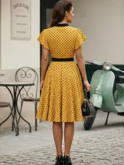 Robe chemise à pois avec ceinture et lien manches flottantes robe mi-longue vintage pour femme 2026