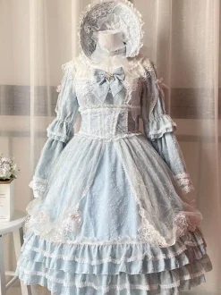 Robe Classique Lolita OP Abricot Clair Manches 3/4 En Dentelle Plissée Volants Tea Party Lolita Robe Une Pièce