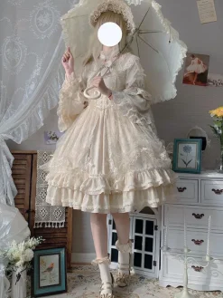 Robe Classique Lolita OP Abricot Clair Manches 3/4 En Dentelle Plissée Volants Tea Party Lolita Robe Une Pièce