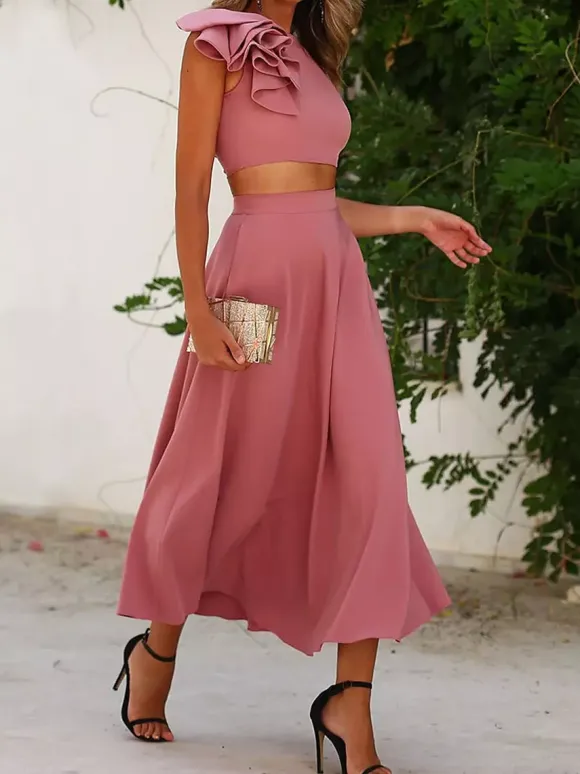Robe cocktail élégante deux pièces longueur thé col rond plissée