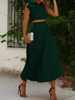 Robe cocktail élégante deux pièces longueur thé col rond plissée