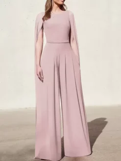 Robe cocktail mariage combinaison de soirée col rond zip sur dos cape longue