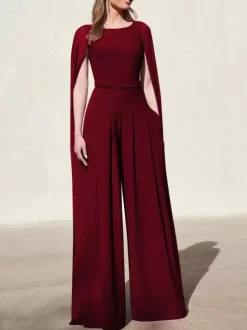 Robe cocktail mariage combinaison de soirée col rond zip sur dos cape longue