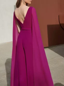 Robe cocktail mariage combinaison de soirée col rond zip sur dos cape longue