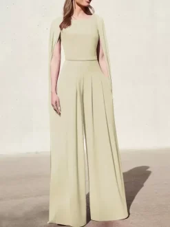 Robe cocktail mariage combinaison de soirée col rond zip sur dos cape longue