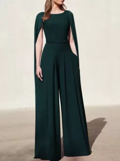Robe cocktail mariage combinaison de soirée col rond zip sur dos cape longue