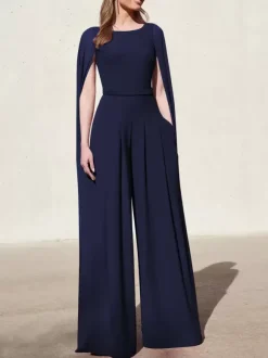 Robe cocktail mariage combinaison de soirée col rond zip sur dos cape longue