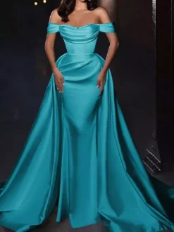Robe cocktail mariage robe de soirée en satin hors des épaules zip sur dos