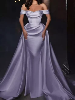 Robe cocktail mariage robe de soirée en satin hors des épaules zip sur dos