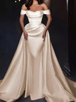 Robe cocktail mariage robe de soirée en satin hors des épaules zip sur dos
