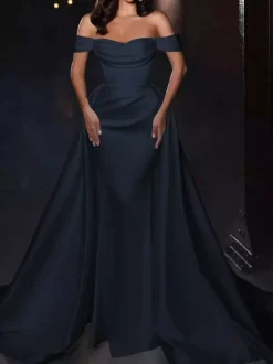 Robe cocktail mariage robe de soirée en satin hors des épaules zip sur dos