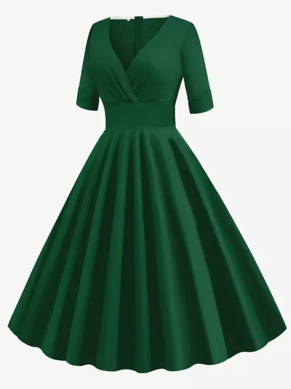 Robe cocktail vintage années 50 pour femme - Col en V manches courtes coupe trapèze buste froncé style rockabilly longueur midi - Invitée de mariage 2026