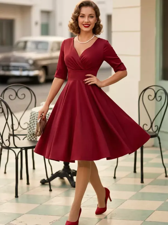 Robe cocktail vintage années 50 pour femme - Col en V manches courtes coupe trapèze buste froncé style rockabilly longueur midi - Invitée de mariage 2026