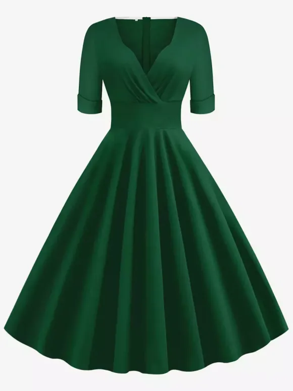 Robe cocktail vintage années 50 pour femme - Col en V manches courtes coupe trapèze buste froncé style rockabilly longueur midi - Invitée de mariage 2026