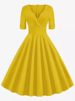 Robe cocktail vintage années 50 pour femme - Col en V manches courtes coupe trapèze buste froncé style rockabilly longueur midi - Invitée de mariage 2026