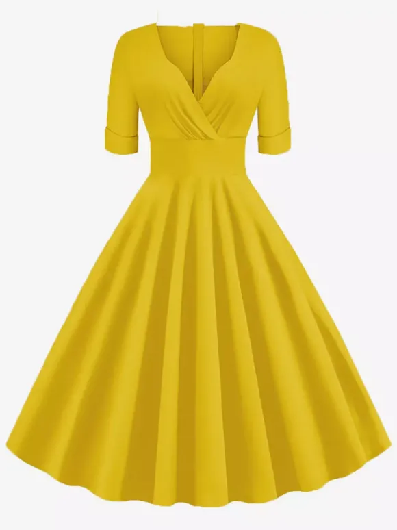 Robe cocktail vintage années 50 pour femme - Col en V manches courtes coupe trapèze buste froncé style rockabilly longueur midi - Invitée de mariage 2026