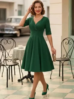 Robe cocktail vintage années 50 pour femme - Col en V manches courtes coupe trapèze buste froncé style rockabilly longueur midi - Invitée de mariage 2026
