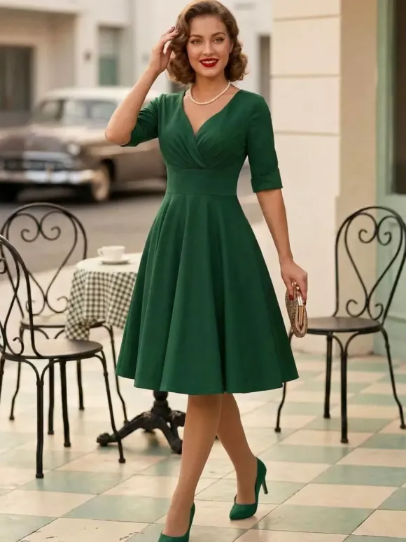 Robe cocktail vintage années 50 pour femme - Col en V manches courtes coupe trapèze buste froncé style rockabilly longueur midi - Invitée de mariage 2026