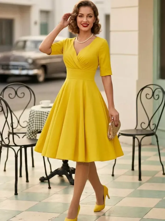Robe cocktail vintage années 50 pour femme - Col en V manches courtes coupe trapèze buste froncé style rockabilly longueur midi - Invitée de mariage 2026