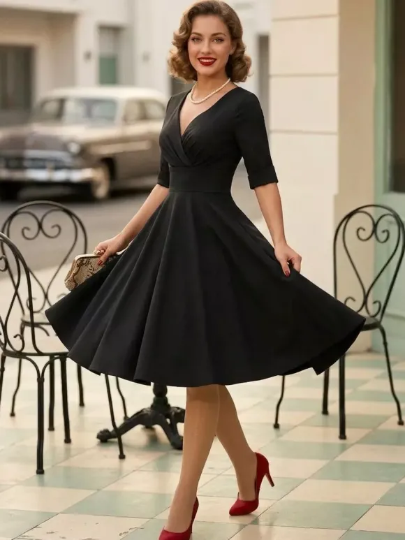 Robe cocktail vintage années 50 pour femme - Col en V manches courtes coupe trapèze buste froncé style rockabilly longueur midi - Invitée de mariage 2026