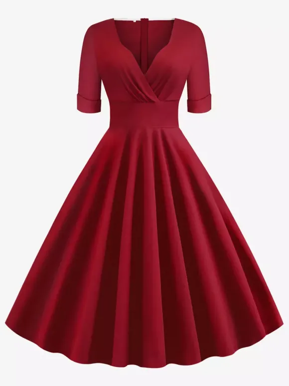 Robe cocktail vintage années 50 pour femme - Col en V manches courtes coupe trapèze buste froncé style rockabilly longueur midi - Invitée de mariage 2026